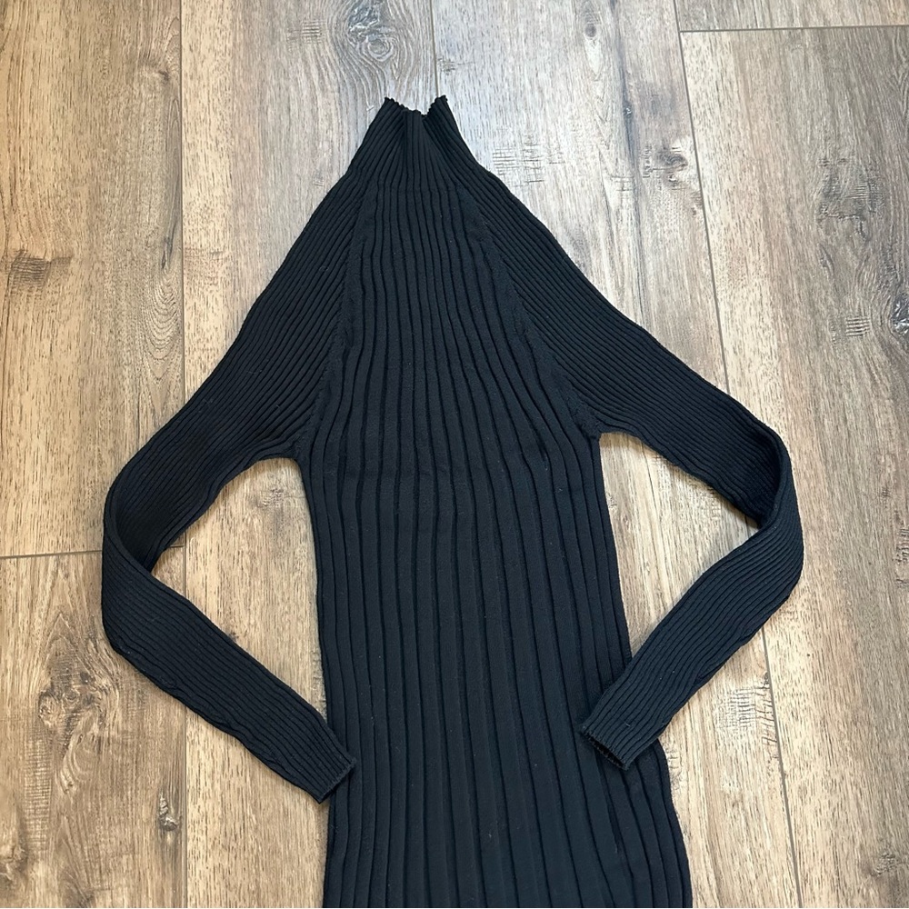 Paper Label Black Ribbed Dress, Midi, Organic Cotton, Stretch, Mock Neck, M - Picture 2 of 8